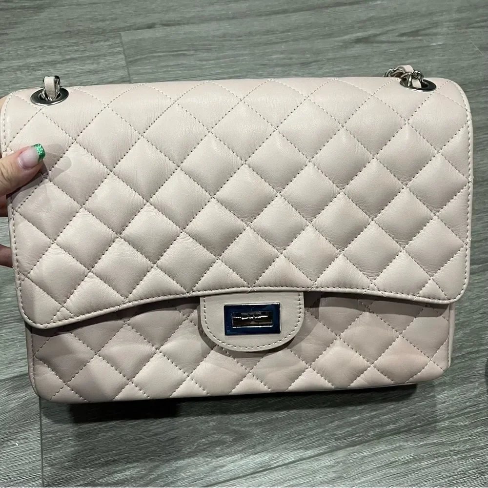Borse in Pelle Large Crossbody Quilted Flap Bag Pale Pink - Picture 2 of 6